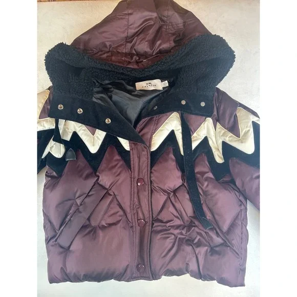COACH Puffer Jacket Women's Winter Coat Burgundy Zigzag Sherpa Hood Cozy - Picture 2 of 6